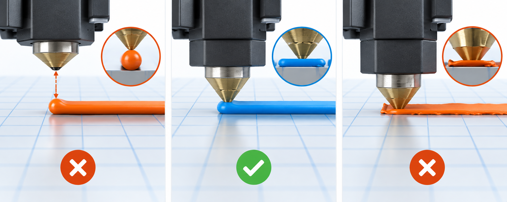 Nozzle mesafesi çok yüksek, doğru ve çok düşük örnekleri